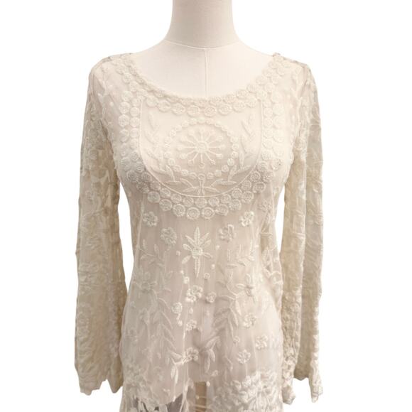 Free People Sheer Cream Lace Long Bell Sleeve Top Embroidery Floral Crochet XS - Picture 5 of 10